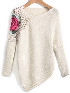 Apricot Round Neck Floral Crochet Loose Sweater