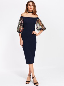 SHEIN Bardot Dress With Embroidered Mesh Puff Sleeve