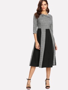 SHEIN Bow Neck Contrast Panel Grid Dress