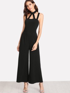 SHEIN Caged Front Solid Wide Leg Jumpsuit