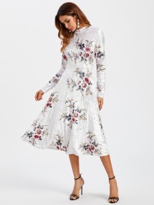 SHEIN Floral Crushed Velvet Fitted &amp; Flared Dress