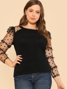 SHEIN Frilled Dot Mesh Sleeve Fitted T-Shirt
