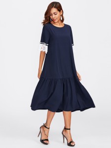 SHEIN Pearl Beading Eyelet Embroidered Cuff Tiered Dress